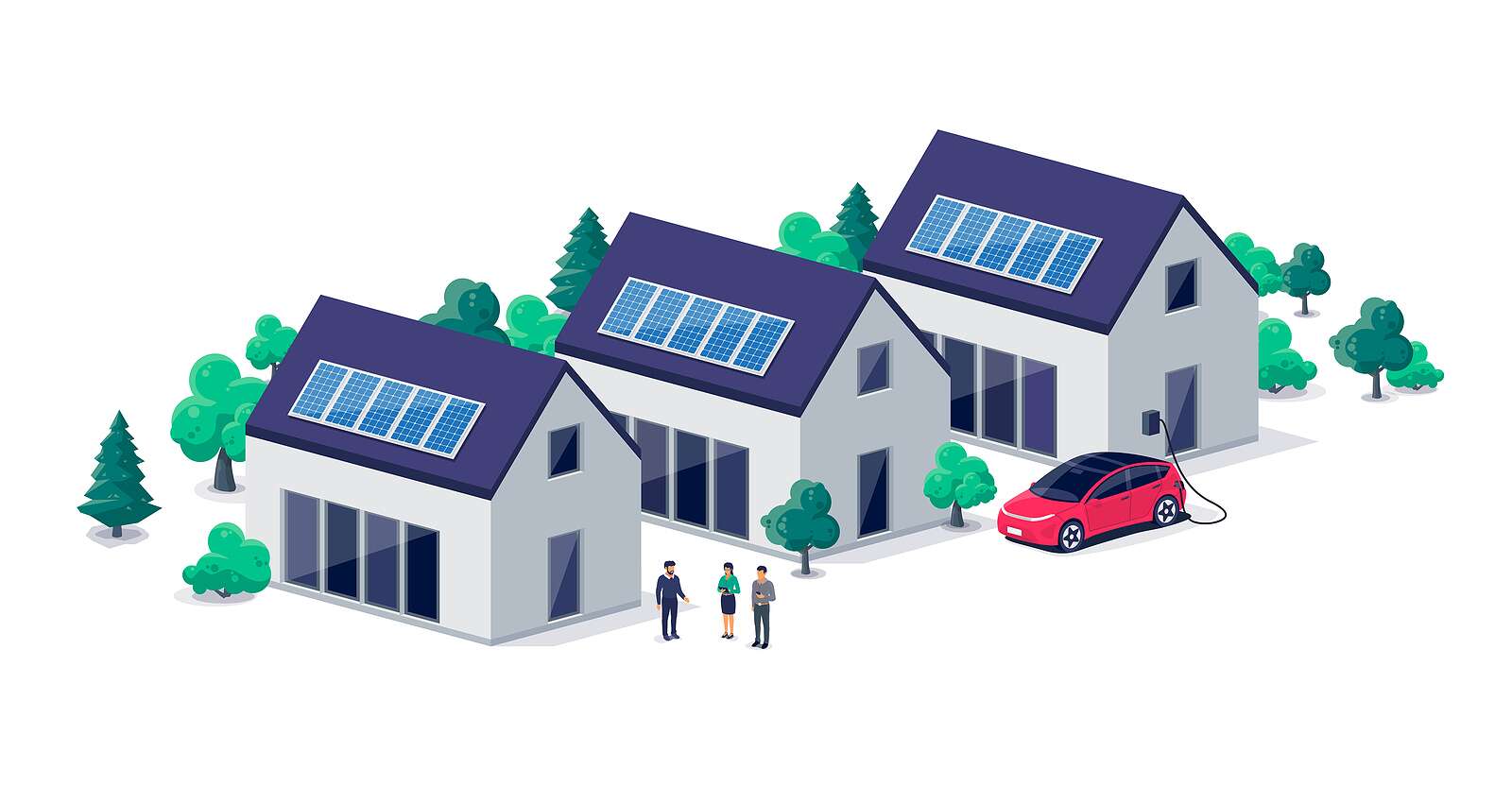 Renewable sustainable village buildings with  solar panels roof power energy. Electric car charging in front of home from wallbox. Family houses on urban city street. Isolated vector.