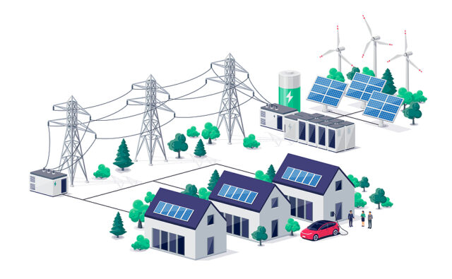 Renewable energy power distribution with family house residence buildings, solar panel plant station, wind and high voltage electricity grid pylons, electric transformer. Smart virtual battery storage