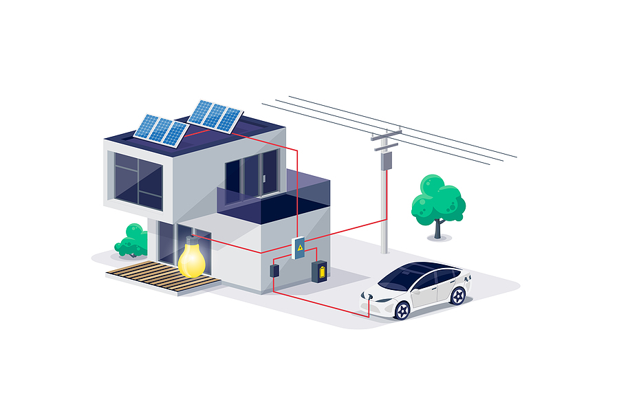 Isolated house electricity scheme with energy storage on modern home. Photovoltaic solar panels and rechargeable li-ion battery backup. Electric car charging on renewable smart power off-grid system.